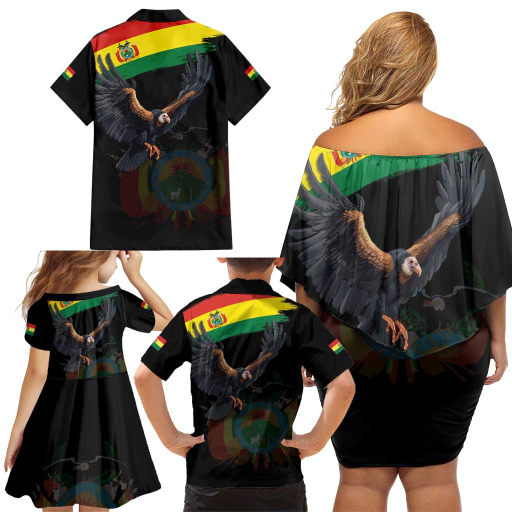 Bolivia Andean Condor Family Matching Off Shoulder Short Dress and Hawaiian Shirt Grunge Flag Motif