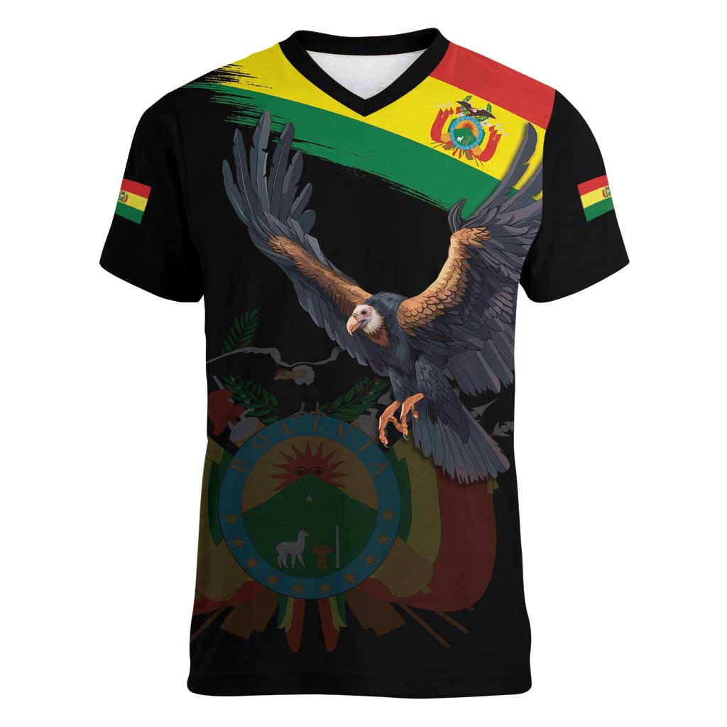 Bolivia Andean Condor Women V-Neck T-Shirt Grunge Flag Motif
