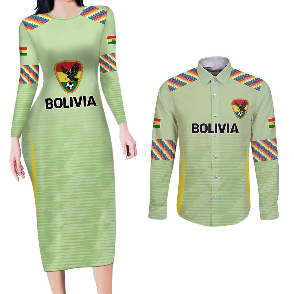 Bolivia Football Custom Couples Matching Long Sleeve Bodycon Dress and Long Sleeve Button Shirt Wiphala Flag Pattern Spirit