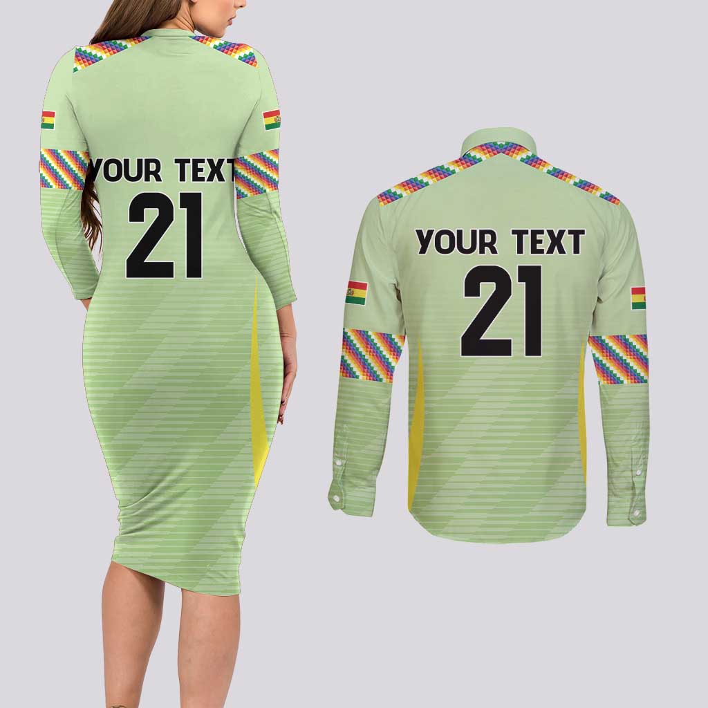 Bolivia Football Custom Couples Matching Long Sleeve Bodycon Dress and Long Sleeve Button Shirt Wiphala Flag Pattern Spirit
