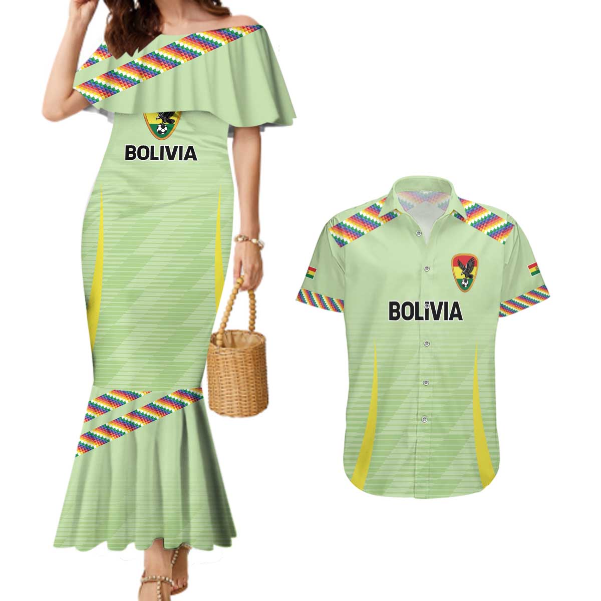Bolivia Football Custom Couples Matching Mermaid Dress and Hawaiian Shirt Wiphala Flag Pattern Spirit