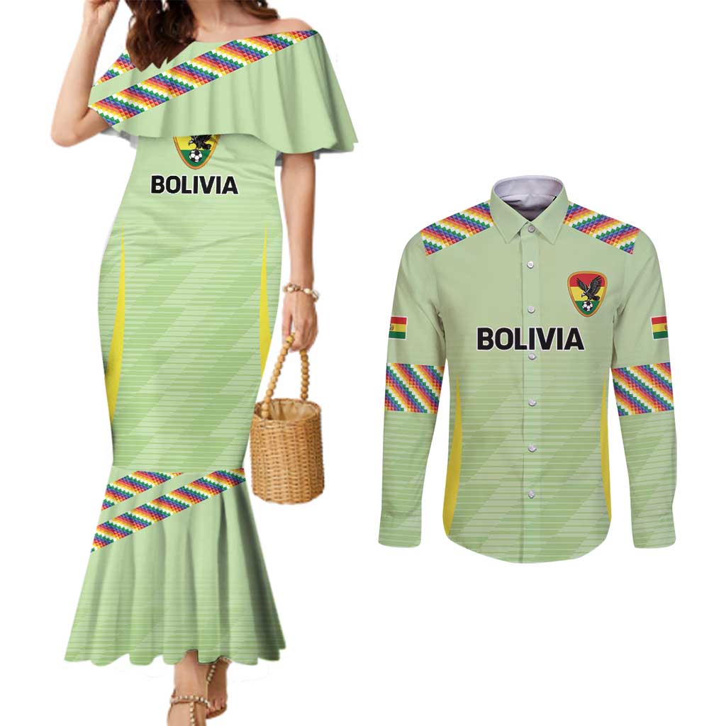 Bolivia Football Custom Couples Matching Mermaid Dress and Long Sleeve Button Shirt Wiphala Flag Pattern Spirit