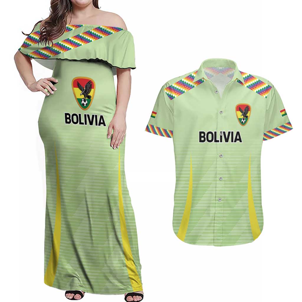 Bolivia Football Custom Couples Matching Off Shoulder Maxi Dress and Hawaiian Shirt Wiphala Flag Pattern Spirit