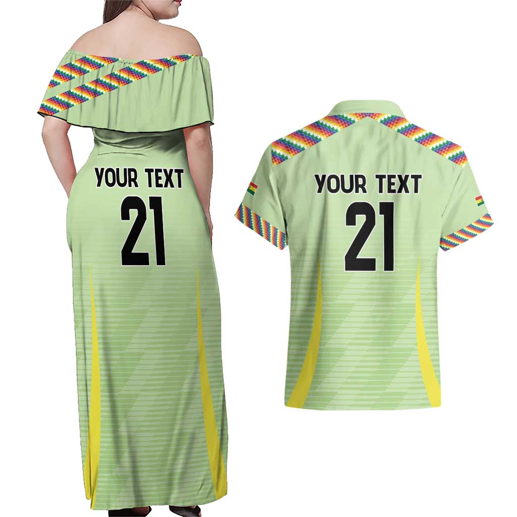 Bolivia Football Custom Couples Matching Off Shoulder Maxi Dress and Hawaiian Shirt Wiphala Flag Pattern Spirit