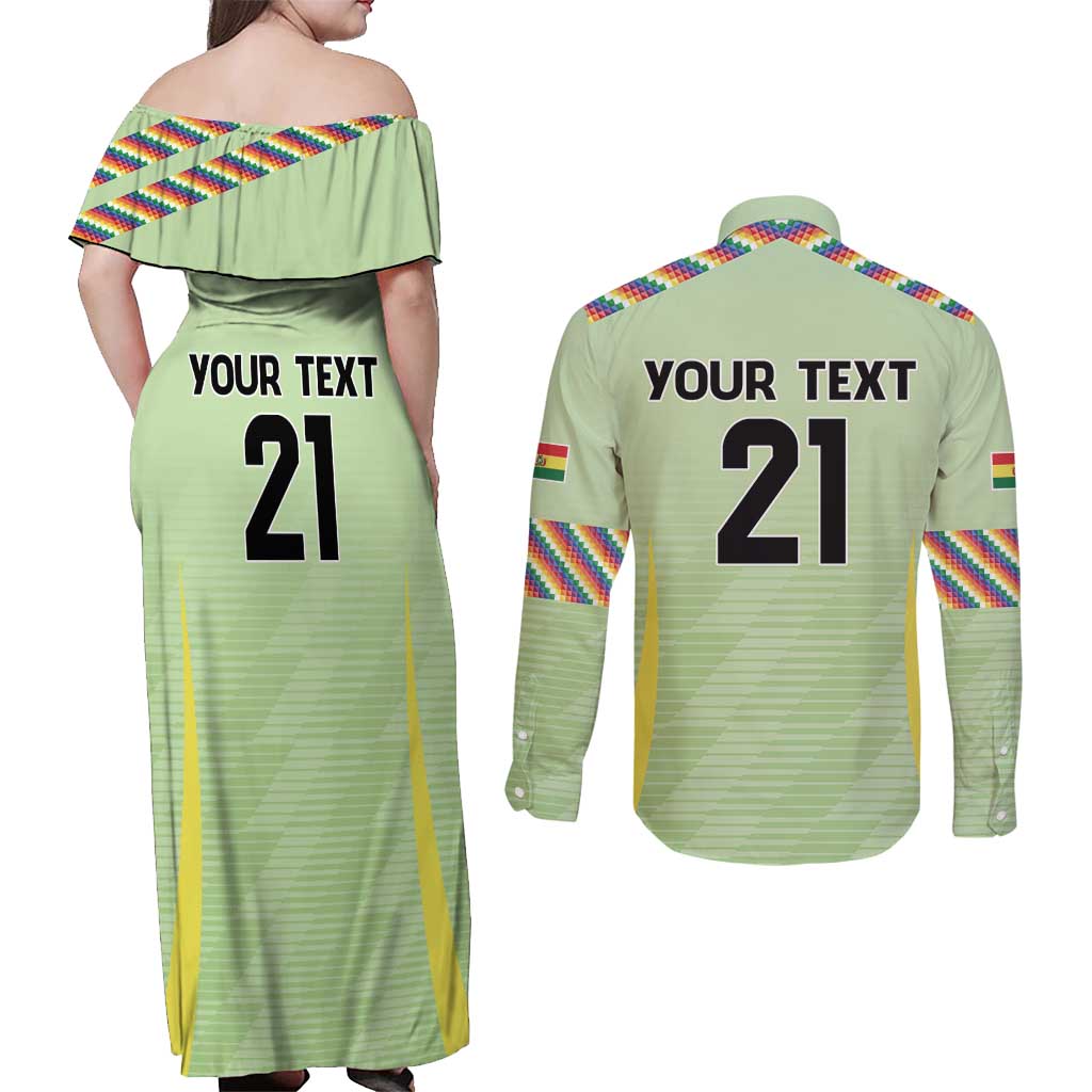 Bolivia Football Custom Couples Matching Off Shoulder Maxi Dress and Long Sleeve Button Shirt Wiphala Flag Pattern Spirit