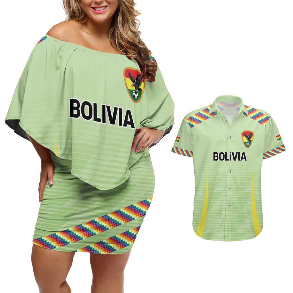 Bolivia Football Custom Couples Matching Off Shoulder Short Dress and Hawaiian Shirt Wiphala Flag Pattern Spirit