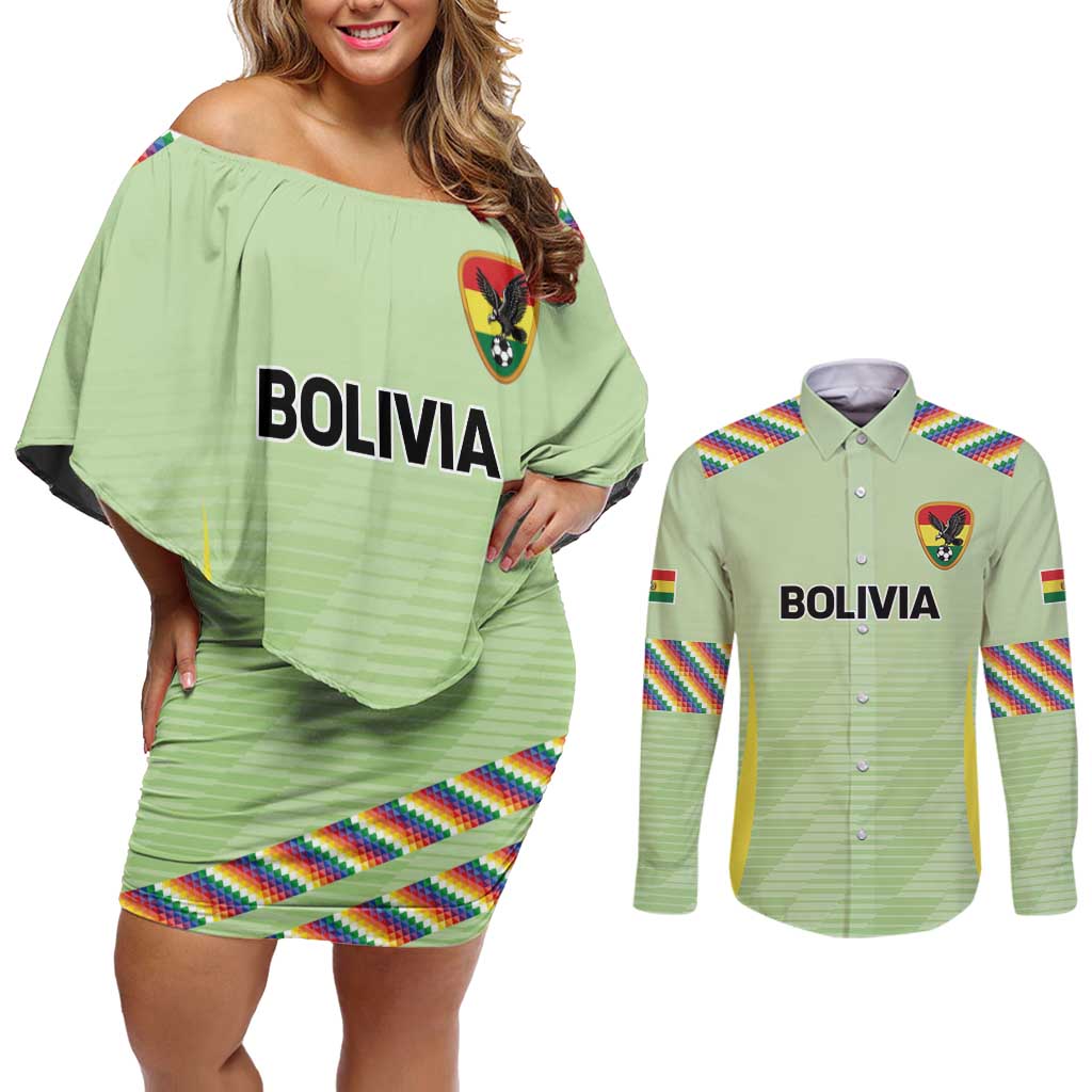 Bolivia Football Custom Couples Matching Off Shoulder Short Dress and Long Sleeve Button Shirt Wiphala Flag Pattern Spirit