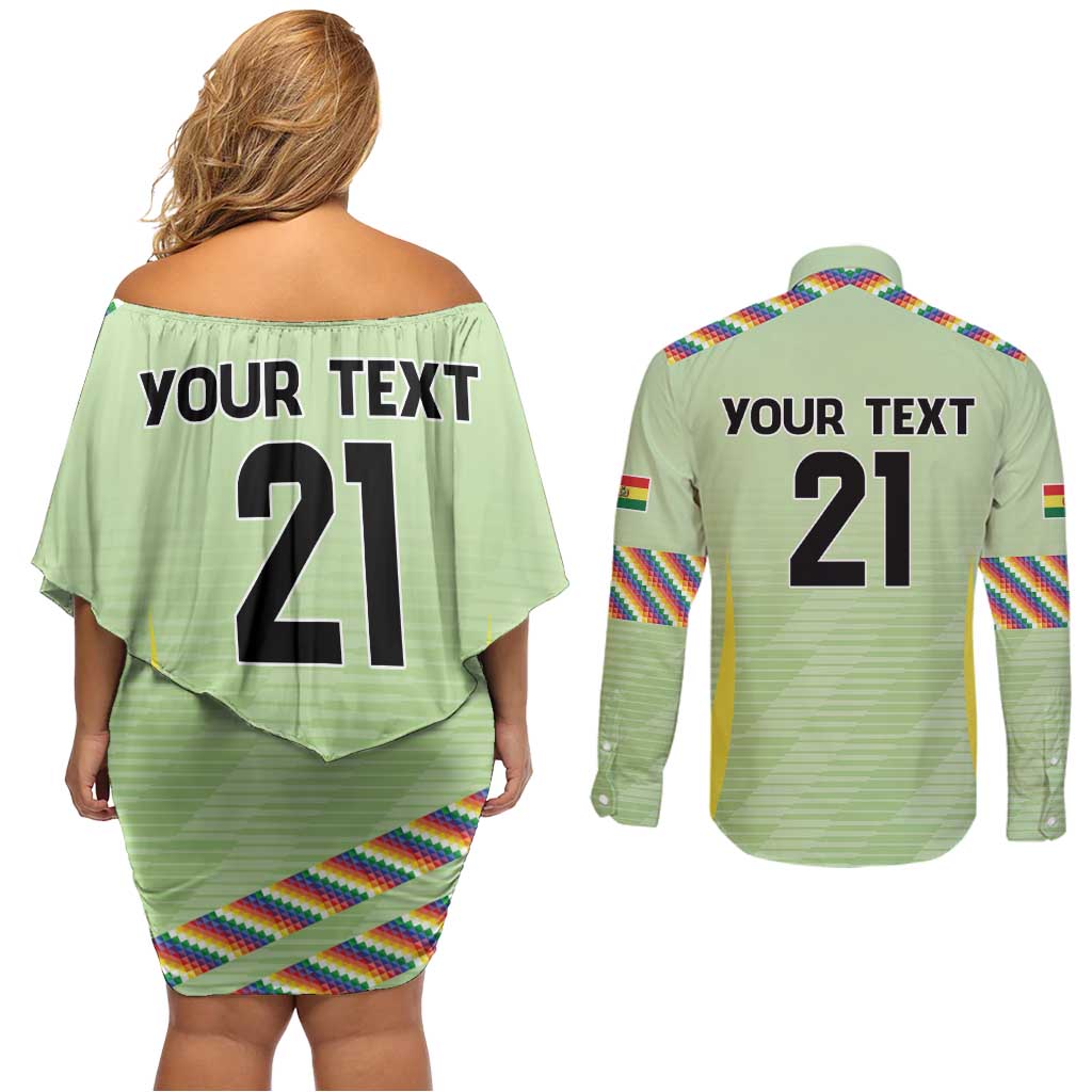 Bolivia Football Custom Couples Matching Off Shoulder Short Dress and Long Sleeve Button Shirt Wiphala Flag Pattern Spirit