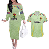 Bolivia Football Custom Couples Matching Off The Shoulder Long Sleeve Dress and Hawaiian Shirt Wiphala Flag Pattern Spirit