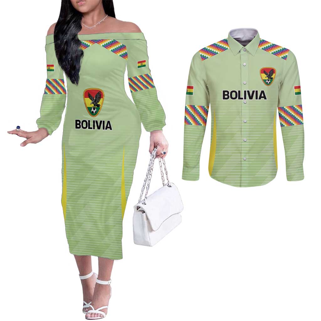 Bolivia Football Custom Couples Matching Off The Shoulder Long Sleeve Dress and Long Sleeve Button Shirt Wiphala Flag Pattern Spirit