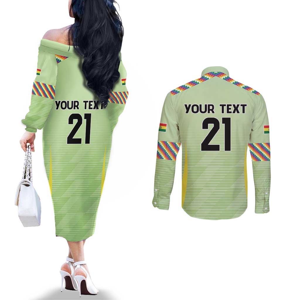 Bolivia Football Custom Couples Matching Off The Shoulder Long Sleeve Dress and Long Sleeve Button Shirt Wiphala Flag Pattern Spirit