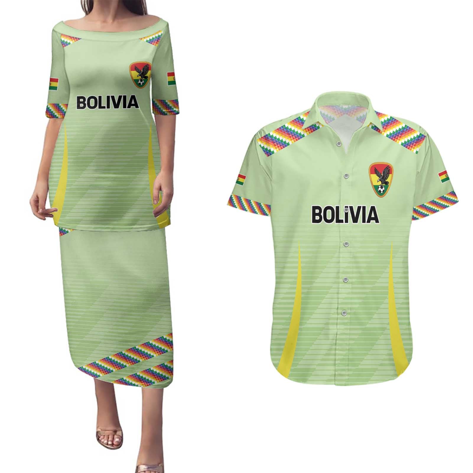 Bolivia Football Custom Couples Matching Puletasi and Hawaiian Shirt Wiphala Flag Pattern Spirit