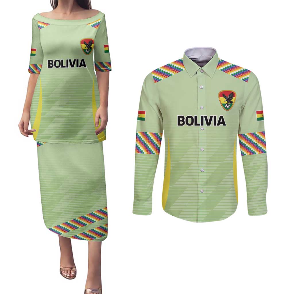 Bolivia Football Custom Couples Matching Puletasi and Long Sleeve Button Shirt Wiphala Flag Pattern Spirit