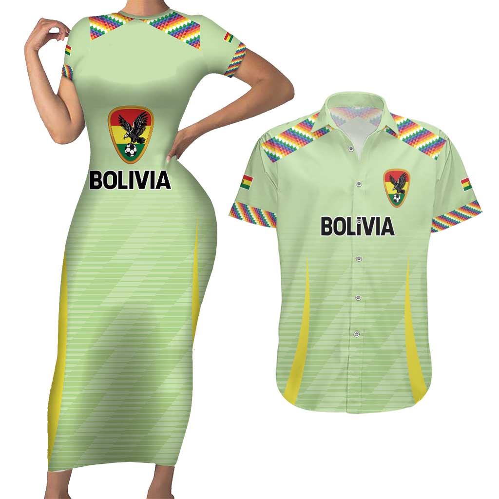 Bolivia Football Custom Couples Matching Short Sleeve Bodycon Dress and Hawaiian Shirt Wiphala Flag Pattern Spirit
