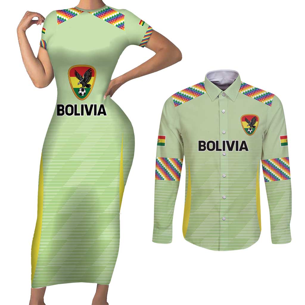 Bolivia Football Custom Couples Matching Short Sleeve Bodycon Dress and Long Sleeve Button Shirt Wiphala Flag Pattern Spirit