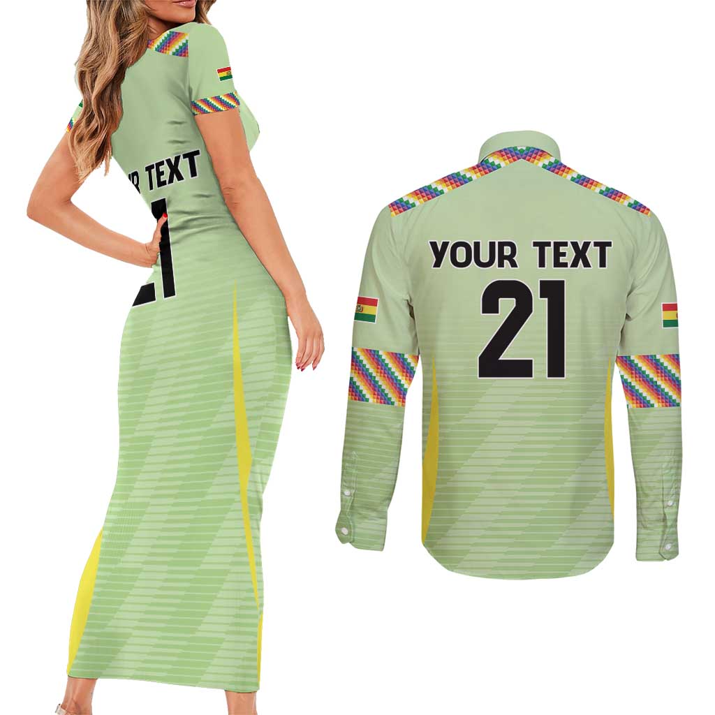 Bolivia Football Custom Couples Matching Short Sleeve Bodycon Dress and Long Sleeve Button Shirt Wiphala Flag Pattern Spirit