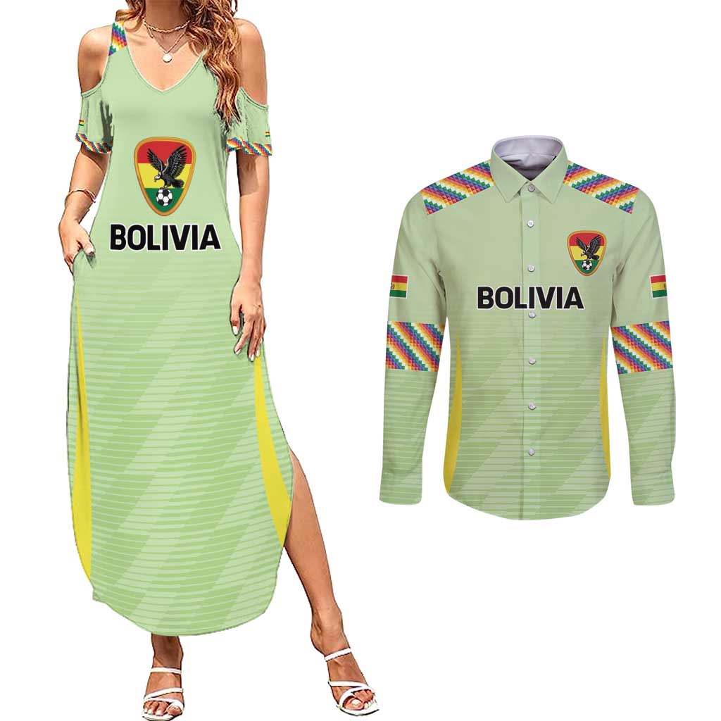Bolivia Football Custom Couples Matching Summer Maxi Dress and Long Sleeve Button Shirt Wiphala Flag Pattern Spirit