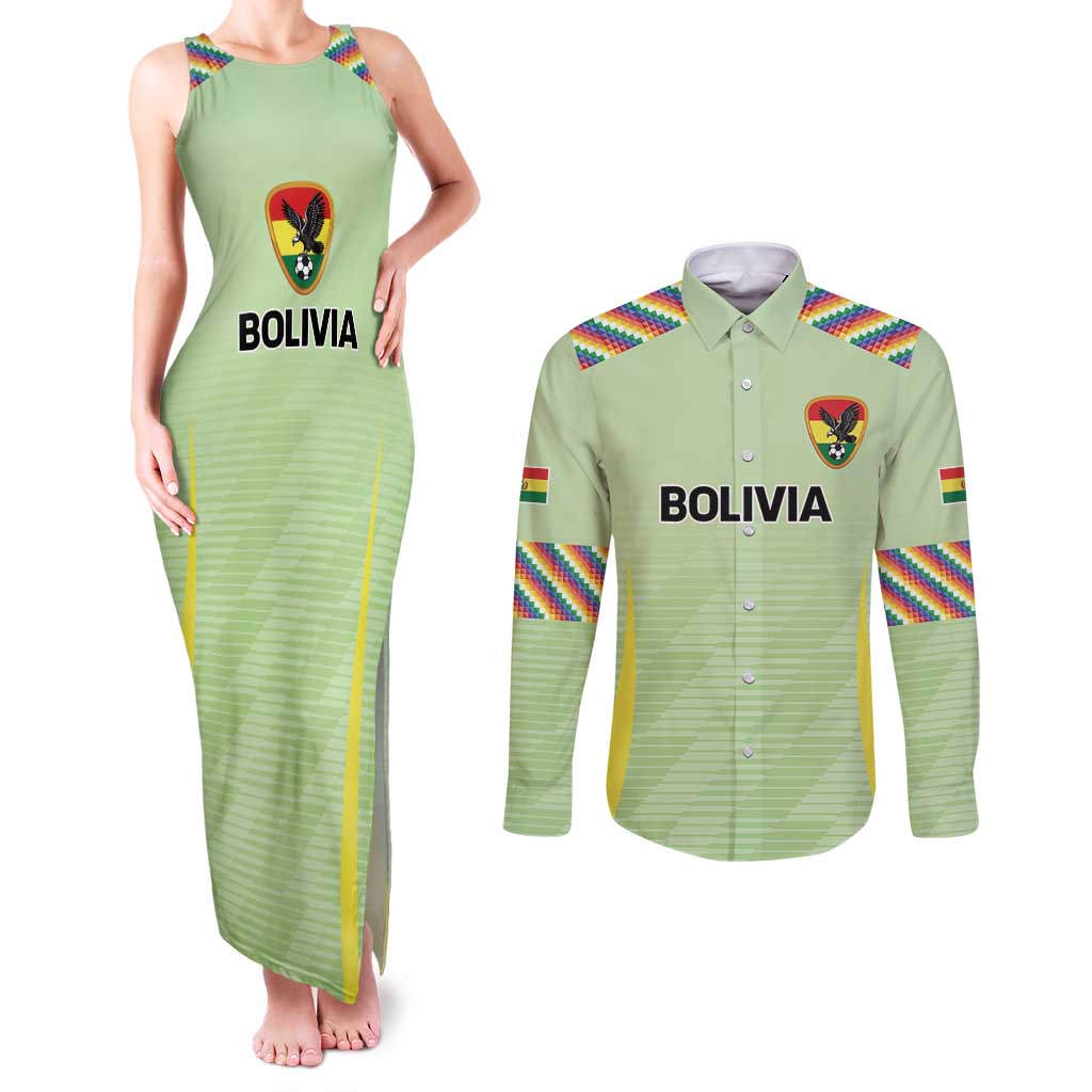 Bolivia Football Custom Couples Matching Tank Maxi Dress and Long Sleeve Button Shirt Wiphala Flag Pattern Spirit