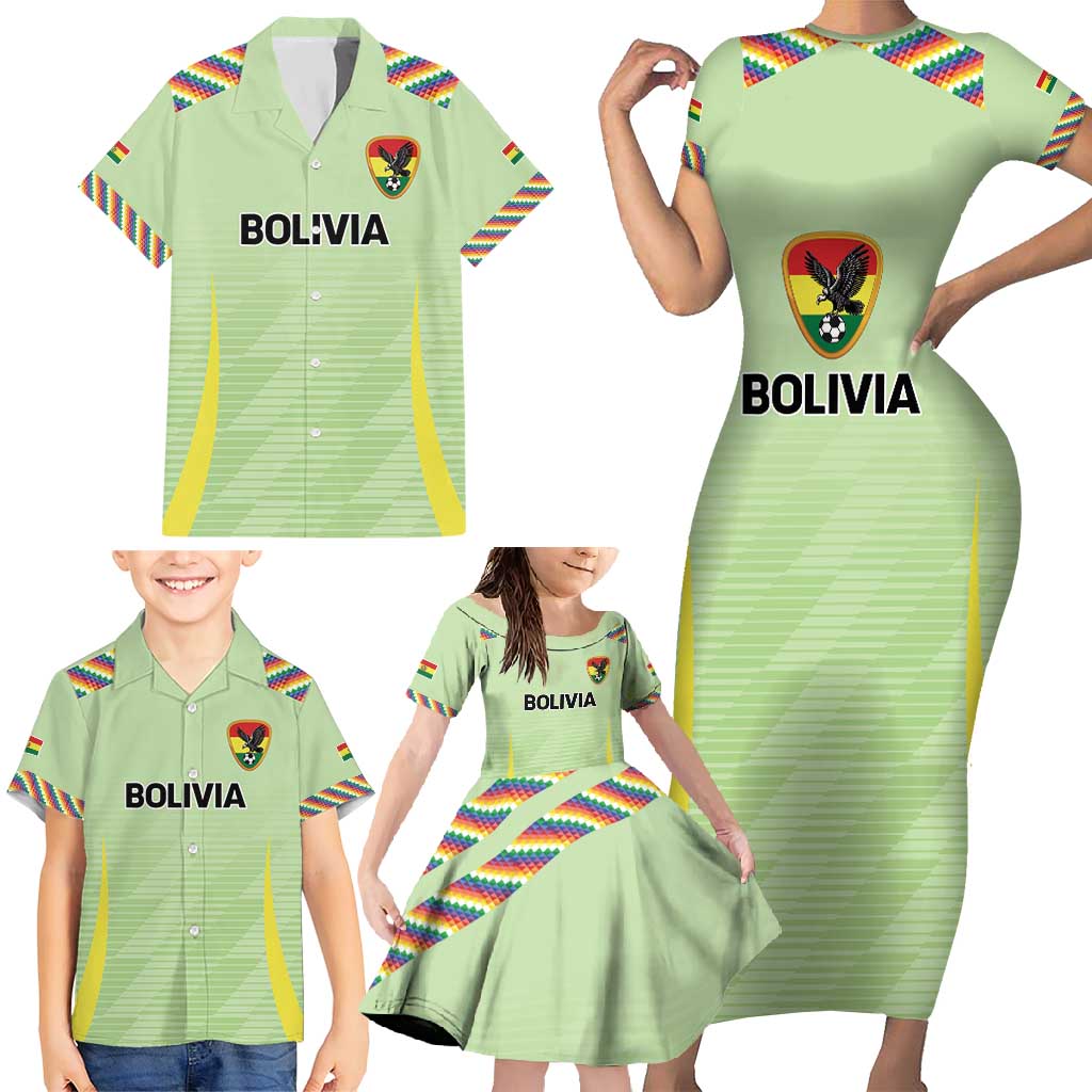 Bolivia Football Custom Family Matching Short Sleeve Bodycon Dress and Hawaiian Shirt Wiphala Flag Pattern Spirit