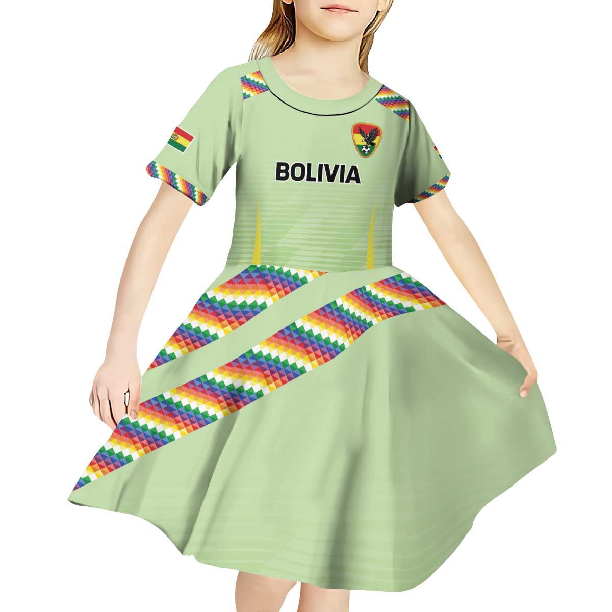 Bolivia Football Custom Kid Short Sleeve Dress Wiphala Flag Pattern Spirit