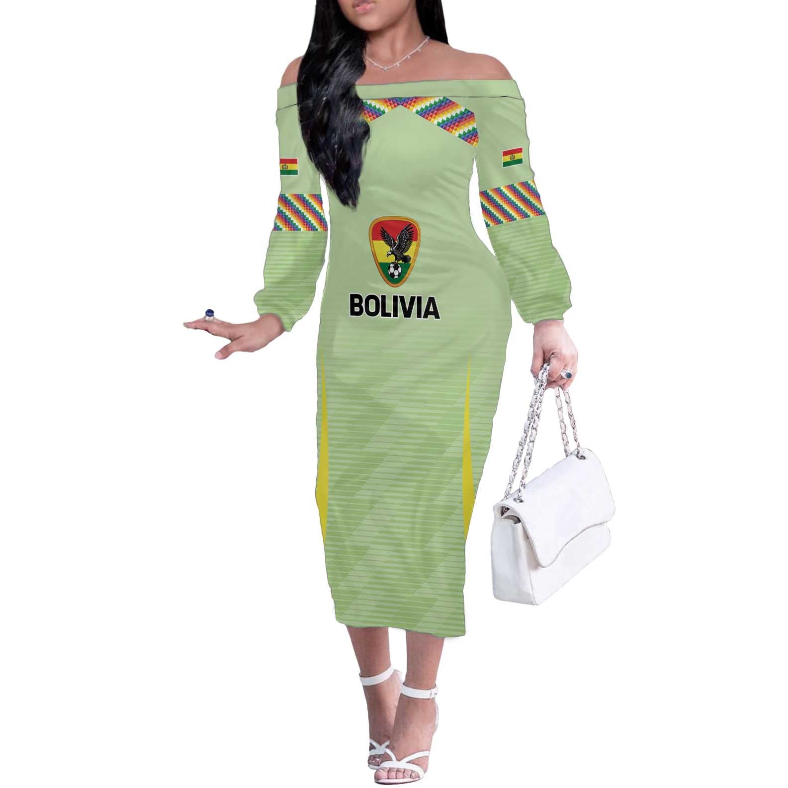 Bolivia Football Custom Off The Shoulder Long Sleeve Dress Wiphala Flag Pattern Spirit