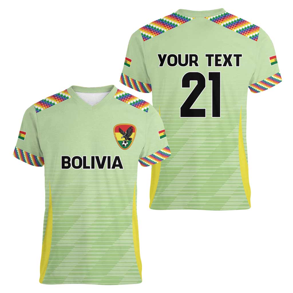 Bolivia Football Custom Women V-Neck T-Shirt Wiphala Flag Pattern Spirit