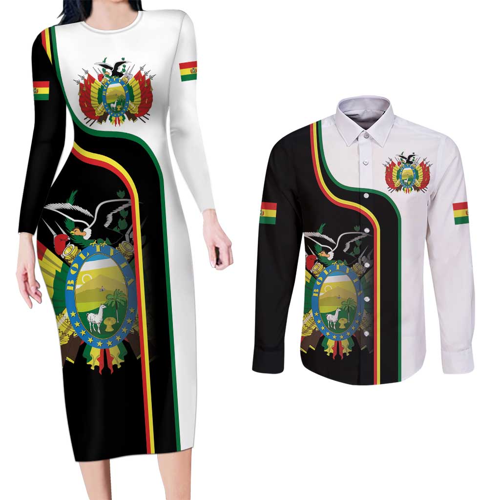 Bolivia Simple Coat of Arm Couples Matching Long Sleeve Bodycon Dress and Long Sleeve Button Shirt