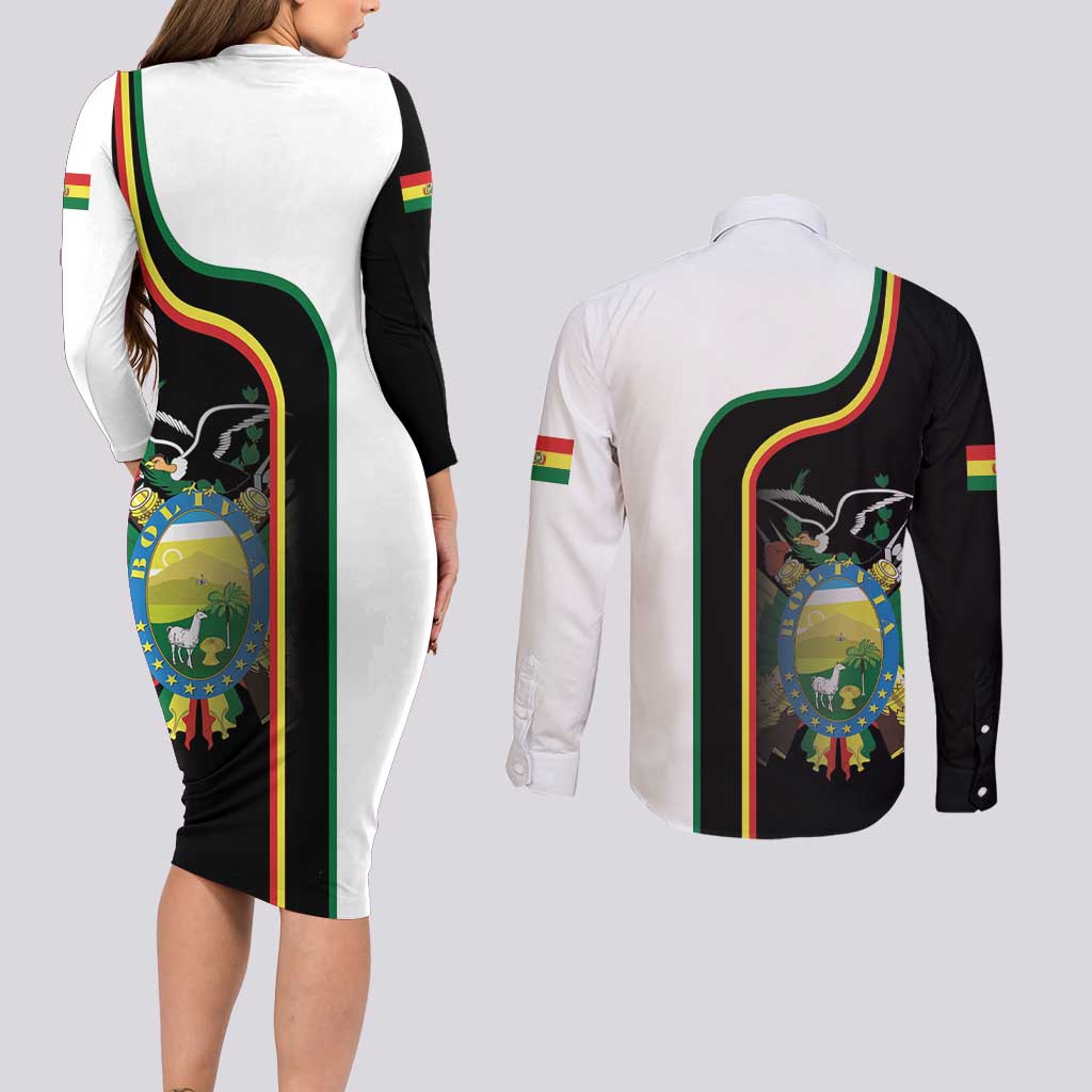 Bolivia Simple Coat of Arm Couples Matching Long Sleeve Bodycon Dress and Long Sleeve Button Shirt