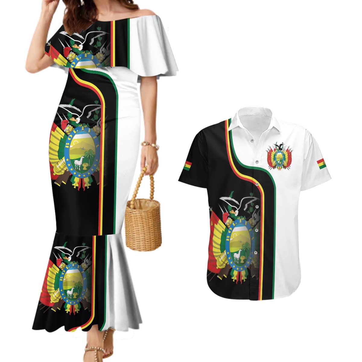 Bolivia Simple Coat of Arm Couples Matching Mermaid Dress and Hawaiian Shirt