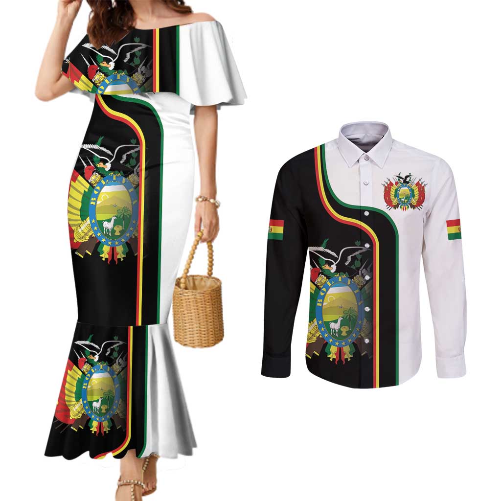Bolivia Simple Coat of Arm Couples Matching Mermaid Dress and Long Sleeve Button Shirt