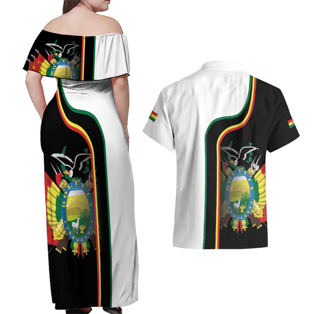 Bolivia Simple Coat of Arm Couples Matching Off Shoulder Maxi Dress and Hawaiian Shirt