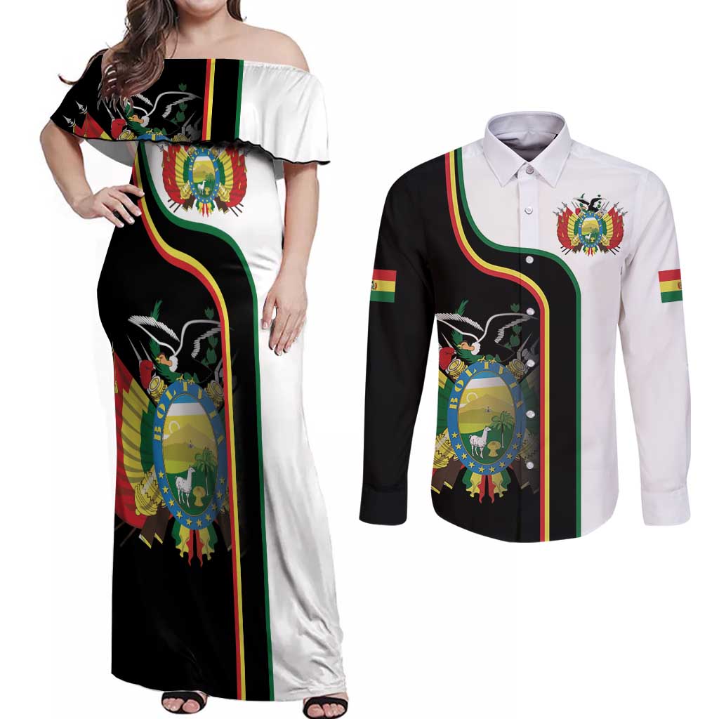 Bolivia Simple Coat of Arm Couples Matching Off Shoulder Maxi Dress and Long Sleeve Button Shirt