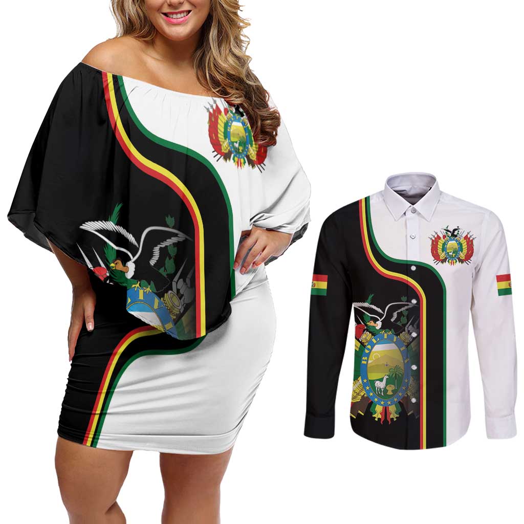 Bolivia Simple Coat of Arm Couples Matching Off Shoulder Short Dress and Long Sleeve Button Shirt