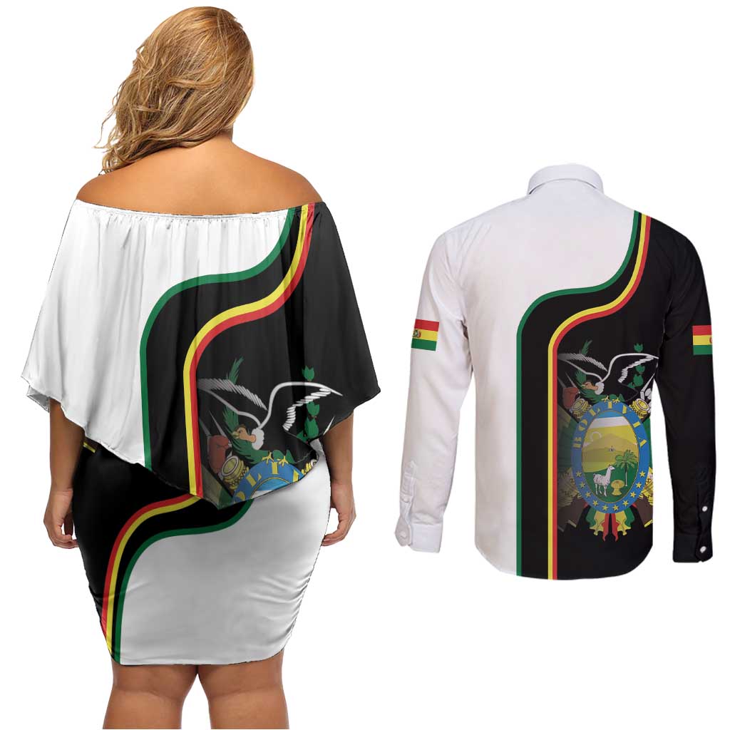 Bolivia Simple Coat of Arm Couples Matching Off Shoulder Short Dress and Long Sleeve Button Shirt