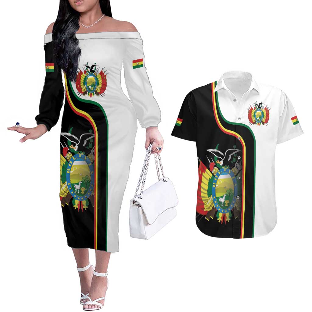 Bolivia Simple Coat of Arm Couples Matching Off The Shoulder Long Sleeve Dress and Hawaiian Shirt