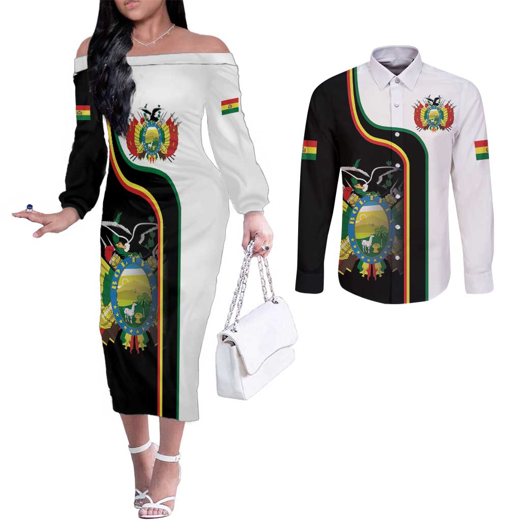 Bolivia Simple Coat of Arm Couples Matching Off The Shoulder Long Sleeve Dress and Long Sleeve Button Shirt