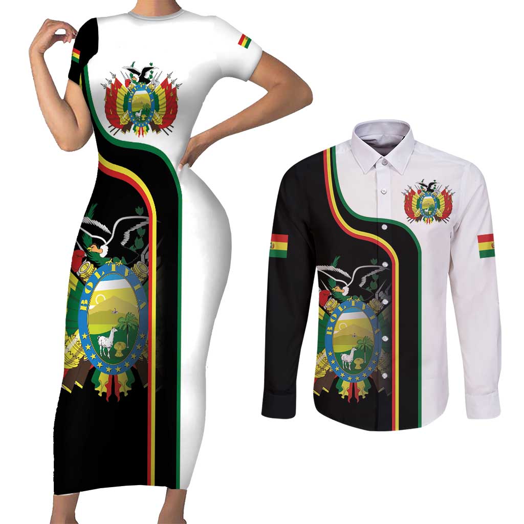 Bolivia Simple Coat of Arm Couples Matching Short Sleeve Bodycon Dress and Long Sleeve Button Shirt