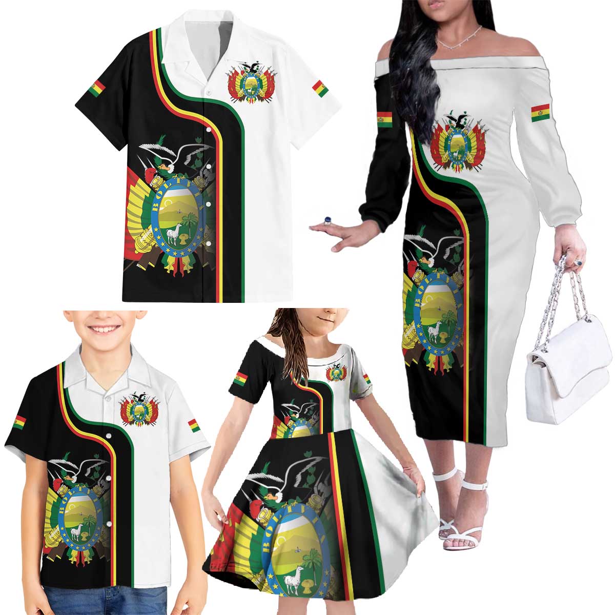 Bolivia Simple Coat of Arm Family Matching Off The Shoulder Long Sleeve Dress and Hawaiian Shirt