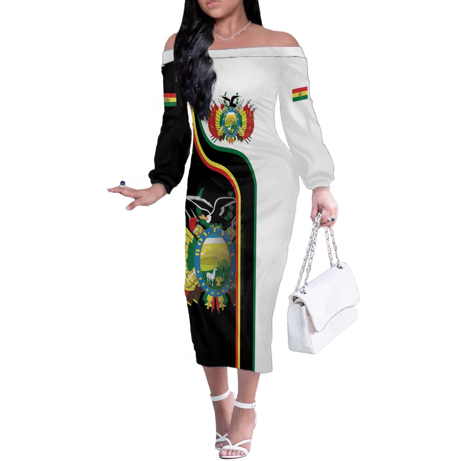 Bolivia Simple Coat of Arm Off The Shoulder Long Sleeve Dress