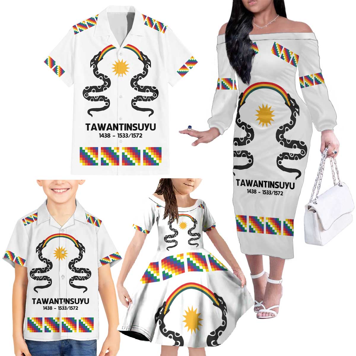 Inca Empire Tawantinsuyu Family Matching Off The Shoulder Long Sleeve Dress and Hawaiian Shirt Realm of the Four Parts