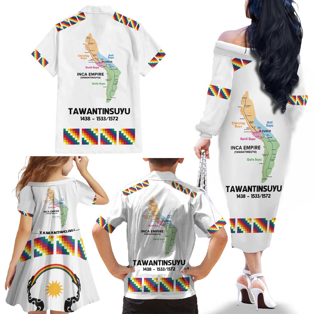 Inca Empire Tawantinsuyu Family Matching Off The Shoulder Long Sleeve Dress and Hawaiian Shirt Realm of the Four Parts