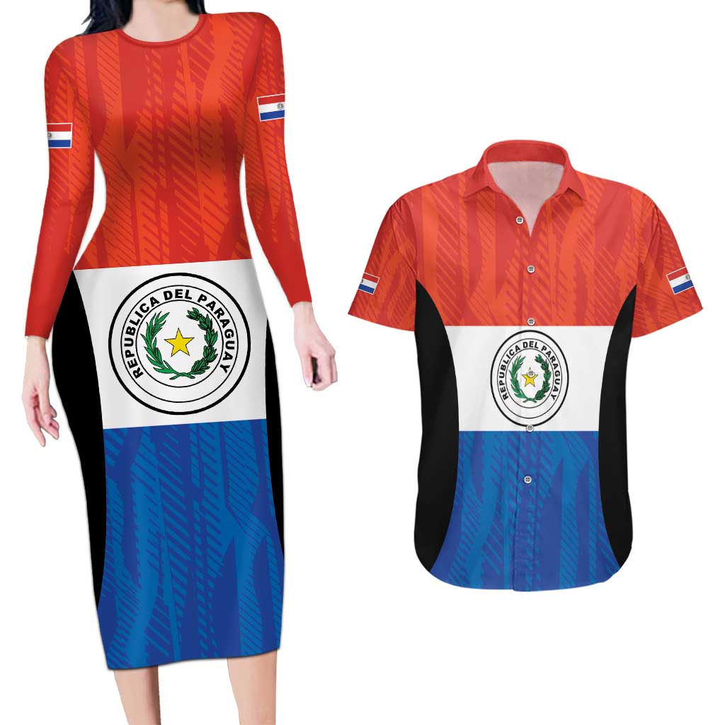 Paraguay Football Custom Couples Matching Long Sleeve Bodycon Dress and Hawaiian Shirt Come On Albirroja with Flag Style