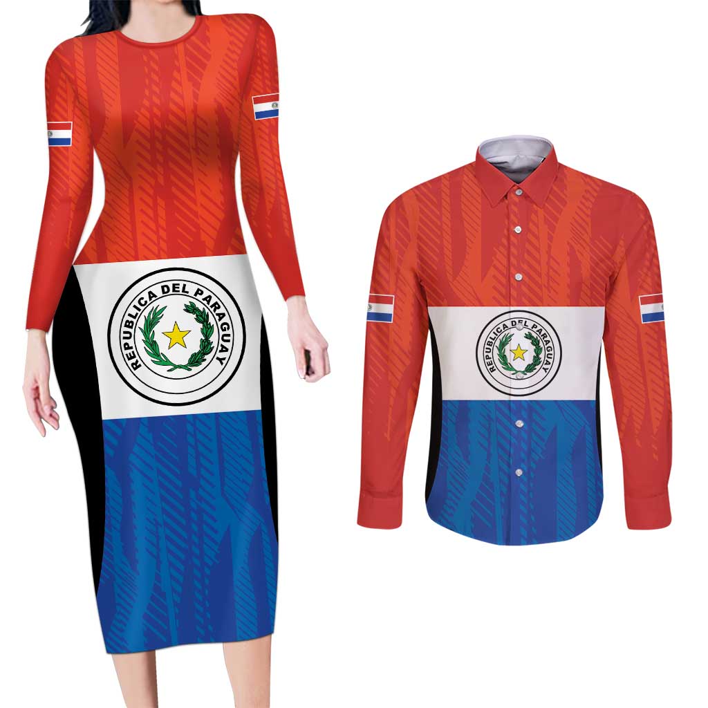 Paraguay Football Custom Couples Matching Long Sleeve Bodycon Dress and Long Sleeve Button Shirt Come On Albirroja with Flag Style