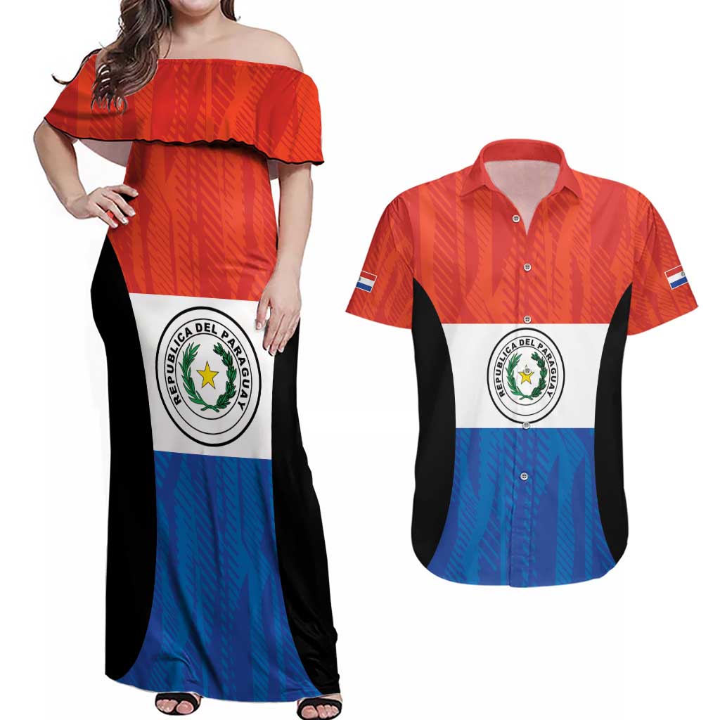 Paraguay Football Custom Couples Matching Off Shoulder Maxi Dress and Hawaiian Shirt Come On Albirroja with Flag Style