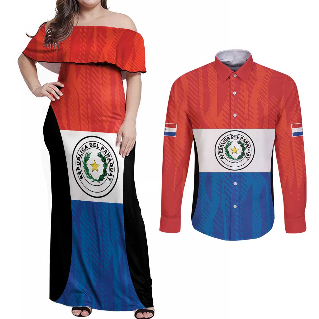 Paraguay Football Custom Couples Matching Off Shoulder Maxi Dress and Long Sleeve Button Shirt Come On Albirroja with Flag Style