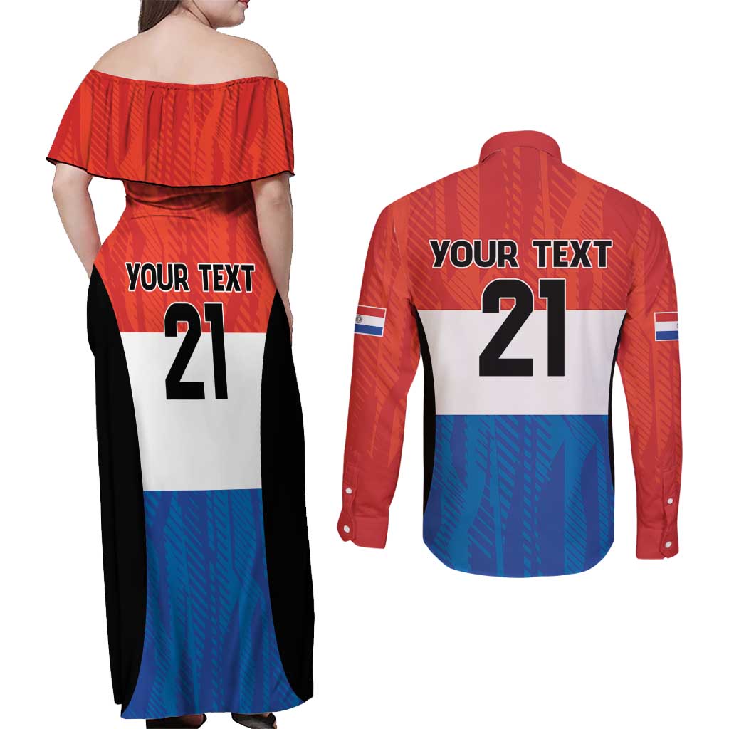 Paraguay Football Custom Couples Matching Off Shoulder Maxi Dress and Long Sleeve Button Shirt Come On Albirroja with Flag Style