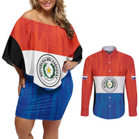Paraguay Football Custom Couples Matching Off Shoulder Short Dress and Long Sleeve Button Shirt Come On Albirroja with Flag Style