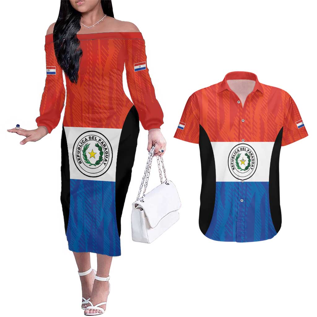 Paraguay Football Custom Couples Matching Off The Shoulder Long Sleeve Dress and Hawaiian Shirt Come On Albirroja with Flag Style