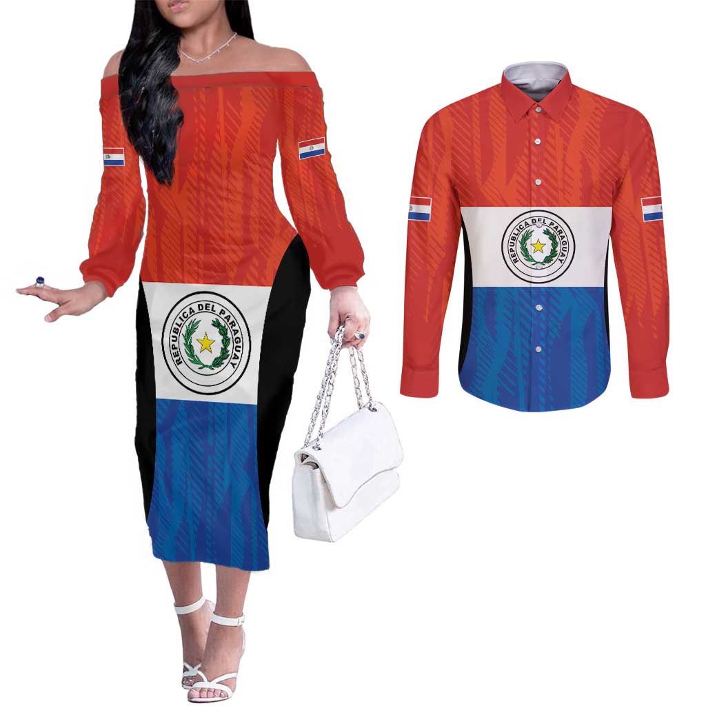 Paraguay Football Custom Couples Matching Off The Shoulder Long Sleeve Dress and Long Sleeve Button Shirt Come On Albirroja with Flag Style