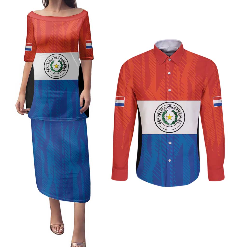 Paraguay Football Custom Couples Matching Puletasi and Long Sleeve Button Shirt Come On Albirroja with Flag Style